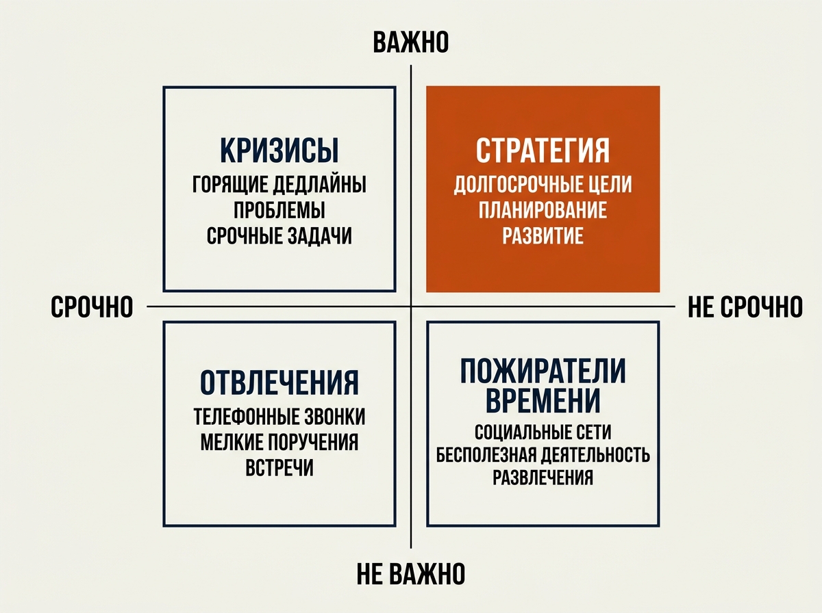 Матрица Эйзенхауэра: квадранты «важно-срочно» с акцентом на стратегические задачи